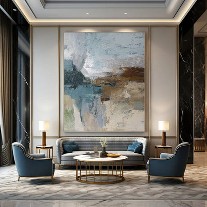 “Blue, Brown & Gray Abstract” - Blue, Brown & Gray Industrial - Inspired Painting On Canvas DKH1012