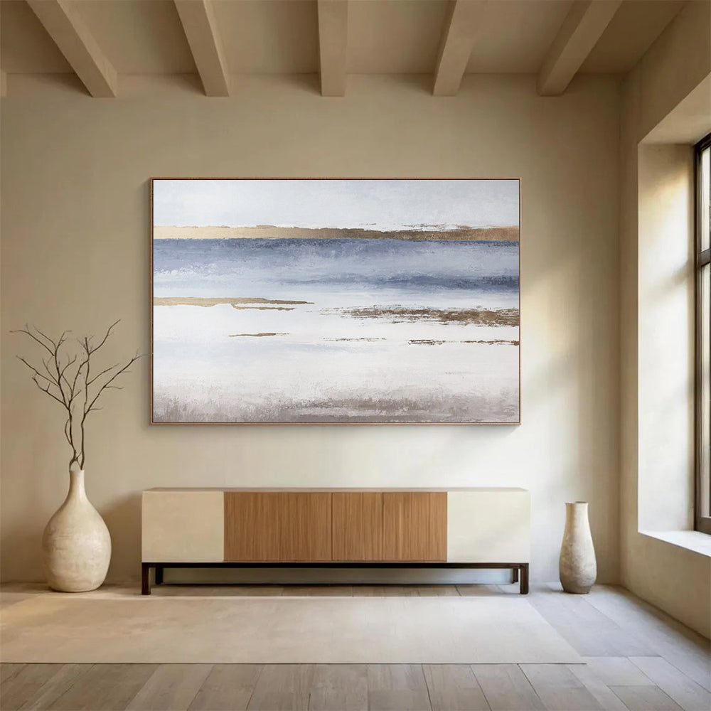 Blue, White, and Gold Abstract Landscape “Coastal Ethereal Horizons” Painting On Canvas DKH135