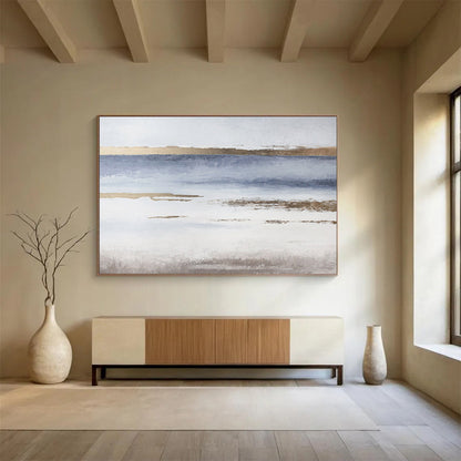 Blue, White, and Gold Abstract Landscape “Coastal Ethereal Horizons” Painting On Canvas DKH135