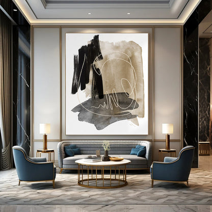 “Ink - Wash Abstract with White Lines” - Black, Beige & Gray Watercolor - Style Painting On Canvas DKH0969