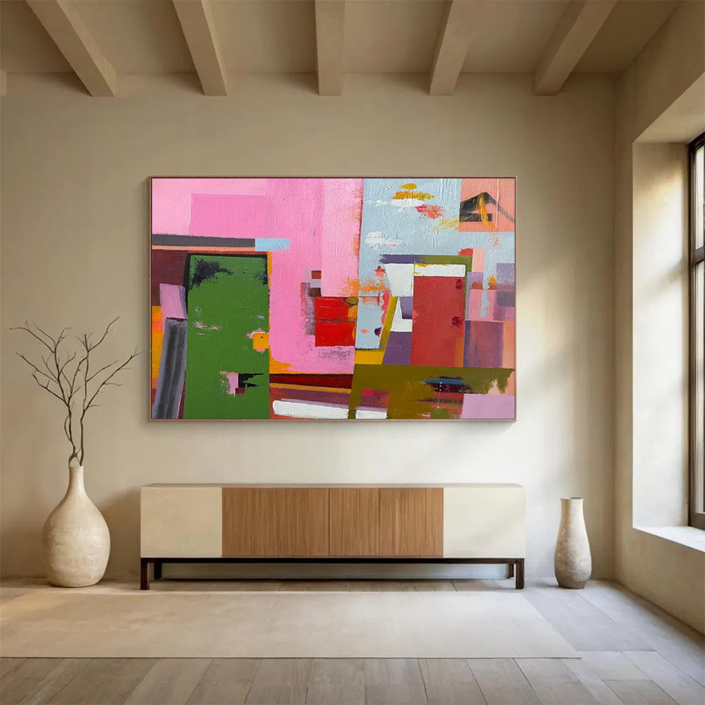“Pink, Green, Color - Blocked ‘Vibrant Architecture’” - Abstract Cityscape Painting On Canvas DLZ013