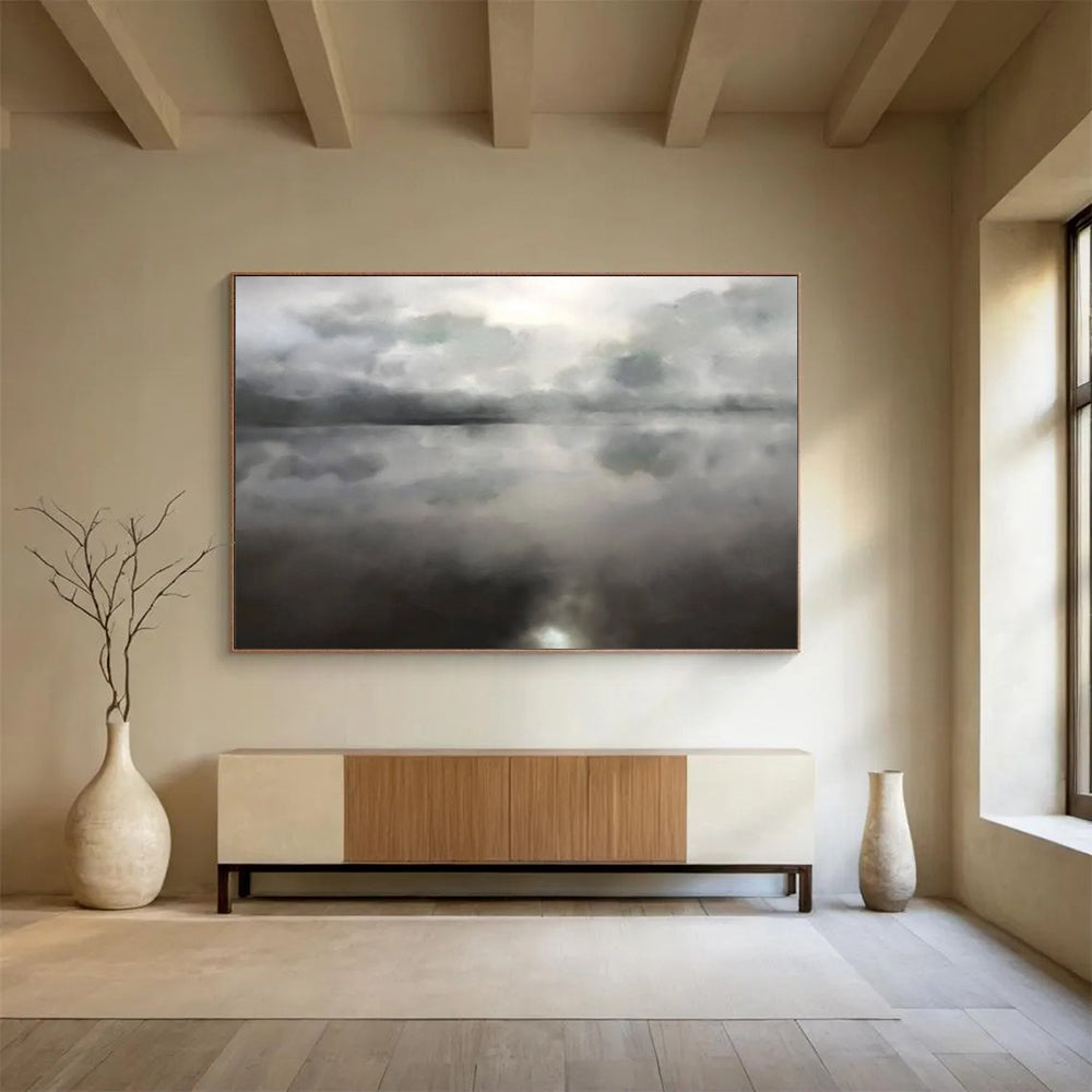 “Misty Gray Lake Reflection” Monochromatic Watercolor - style Painting On Canvas DLZ124