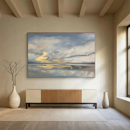 “Cloudy Sky Reflections” - Gray, Gold & Blue Atmospheric Landscape Painting On Canvas DLZ253