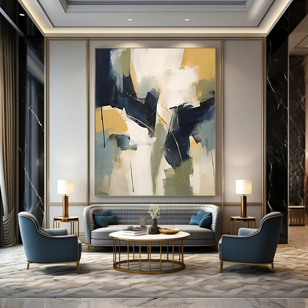 “Blue - Yellow Geometric Abstraction” - Modernist Abstract Painting On Canvas DTP123