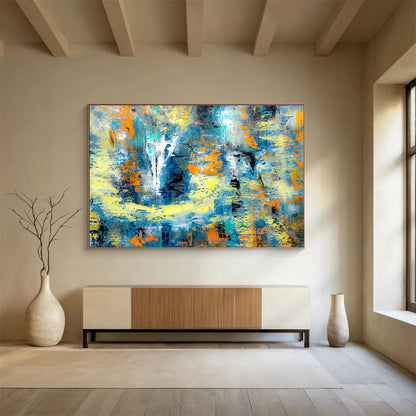 “Azure & Amber Abstract Odyssey” - Blue, Yellow & Orange Abstract Expressionist Painting On Canvas DKH924