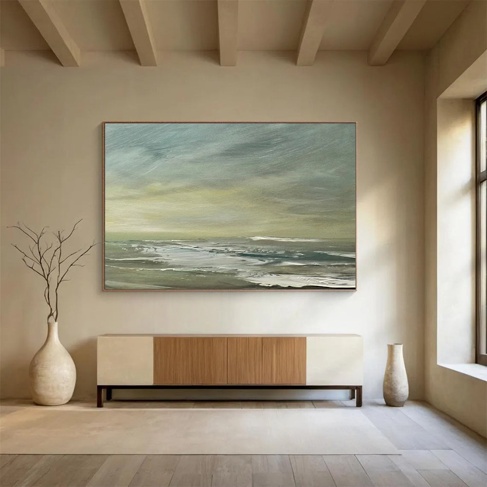 “Green, Gray, Coastal Breeze ‘Muted Shore’” - Impressionist Seascape Painting On Canvas DLZ027