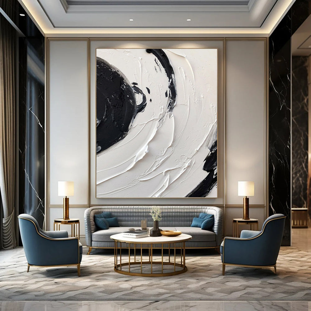 “Swirling Black - White Impasto” - Abstract Expressionist - Style Painting On Canvas DKH1677