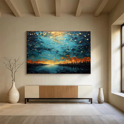 “Starry Lake Vista” - Blue, Gold, Orange Landscape Fantasy Painting On Canvas DKH706