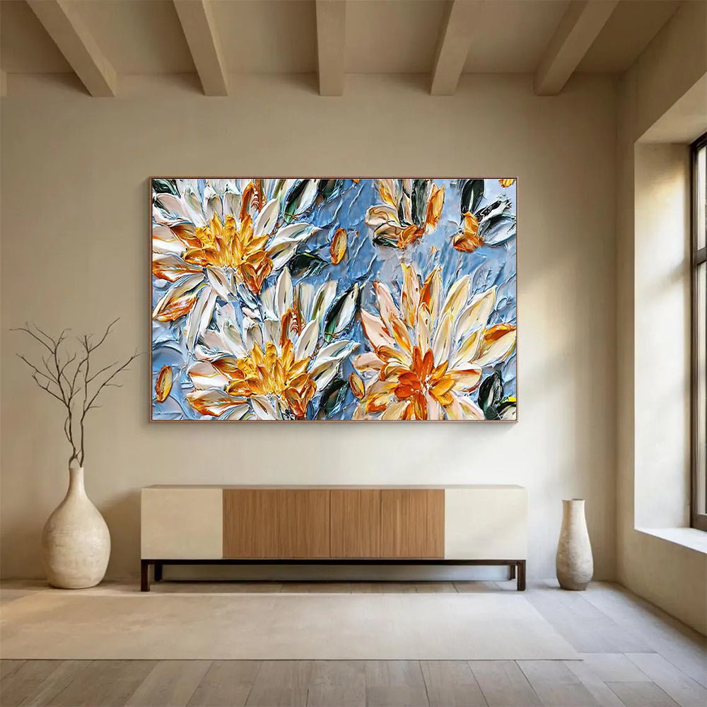 Yellow & White Floral Textures - Blue, Yellow & White Botanical Painting On Canvas DKH896
