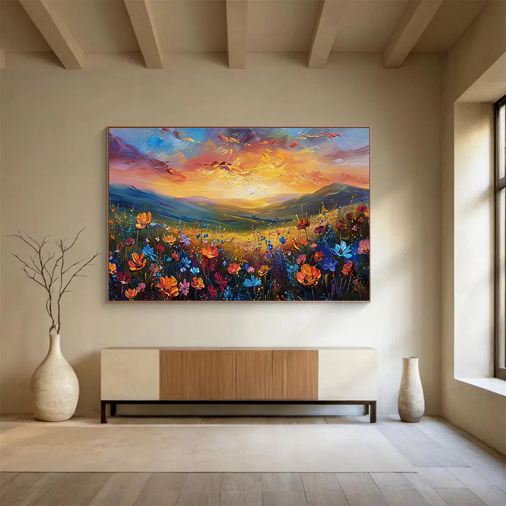 “Sunset Wildflower Valley” - Vibrant Landscape Painting On Canvas DKH837