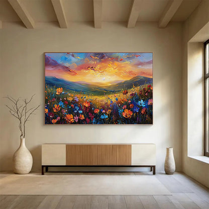 “Sunset Wildflower Valley” - Vibrant Landscape Painting On Canvas DKH837