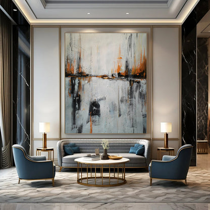 “Gray - Orange Strokes and Water Reflections” - Abstract Urban Waterscape Painting CT1973