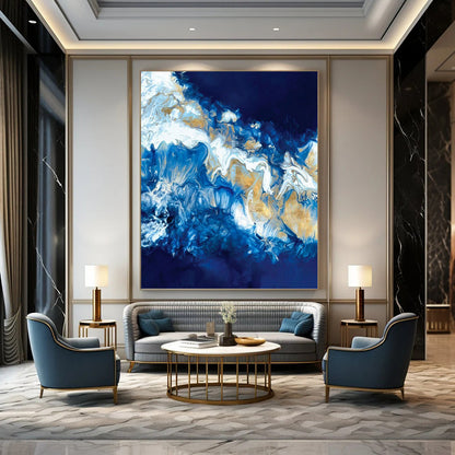 “Blue & Gold Fluid Art” - Abstract Resin - Like Painting On Canvas DKH1650