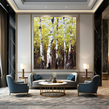 Sunlit Birch Forest in Green and Yellow - Landscape Painting On Canvas DKH1282