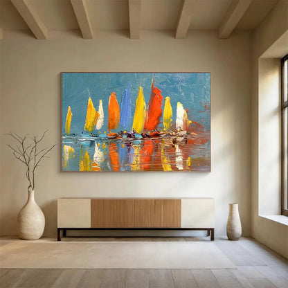 “Colorful Sailboats”：Impressionistic Marine Painting On Canvas DKH254