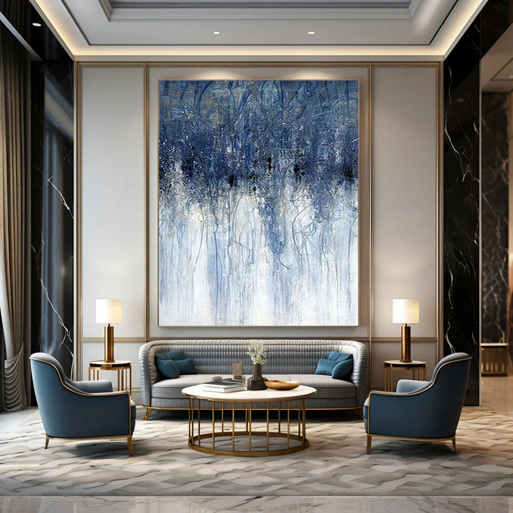 “Dripping Blues” - Blue & White Abstract Vertical Streaks Painting On Canvas DKH1537