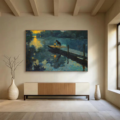 Dog by Lantern at Sunset River Realistic Painting On Canvas DKH221