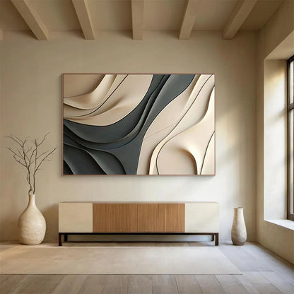 “Curved Beige - Grey 3D Forms” Abstract Sculptural Painting On Canvas DKH523