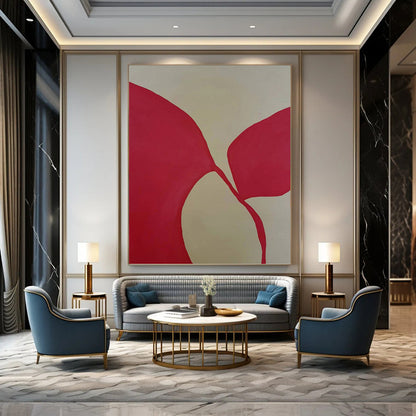 “Red Petal - like Forms on Light Background” - Minimalist Abstract Painting On Canvas DKH1080