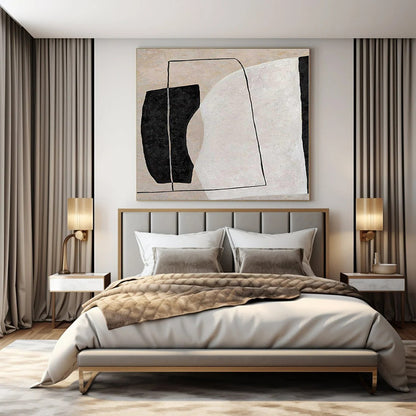 “Beige, Black, and White Geometric Composition” – Minimalist Geometric Painting（Variation） CT1123