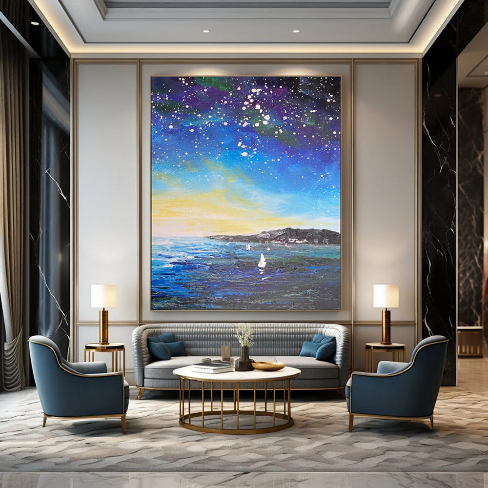 “Celestial Coastal Sail: Impressionist Night Sky Art” - Impasto Oil on Canvas CT1902