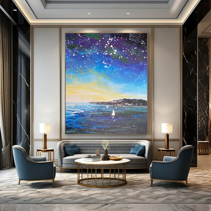 “Celestial Coastal Sail: Impressionist Night Sky Art” - Impasto Oil on Canvas CT1902
