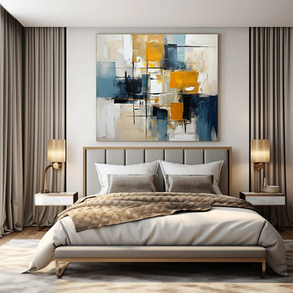 Vibrant Yellows, Blues & Neutrals, Dynamic Lines - "Urban Rhythm" - Abstract Oil Painting CT1435