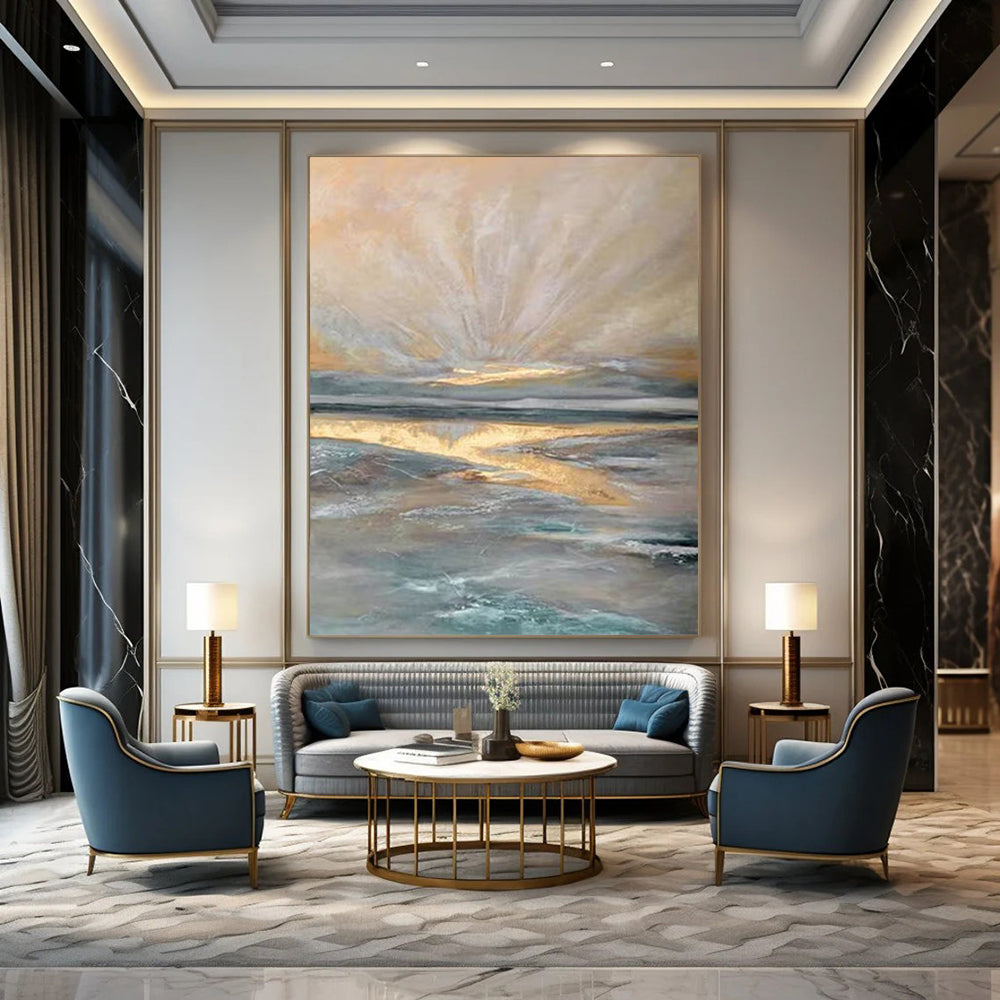 “Golden Horizon - Gold, Blue, Gray Ethereal Seaside” Painting On Canvas DTP264