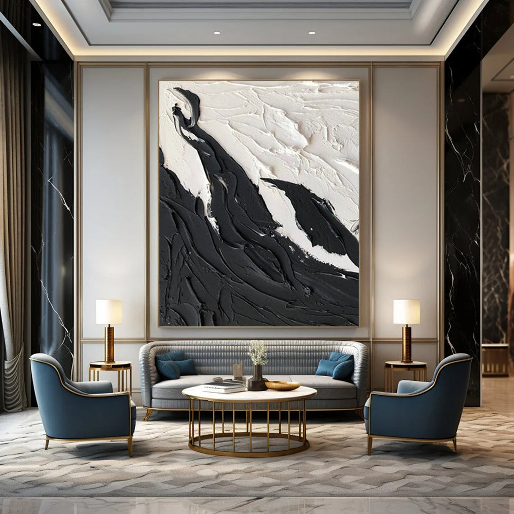 “Black, White Textured Peaks ‘Mountain Serenity’” - Abstract Impasto Painting On Canvas DTP395