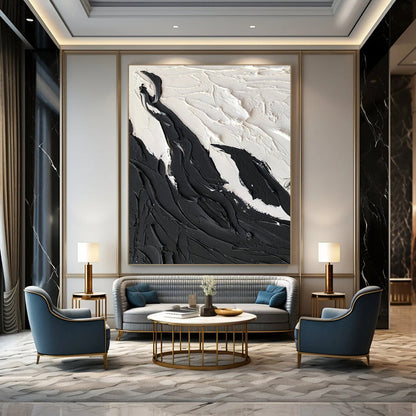 “Black, White Textured Peaks ‘Mountain Serenity’” - Abstract Impasto Painting On Canvas DTP395