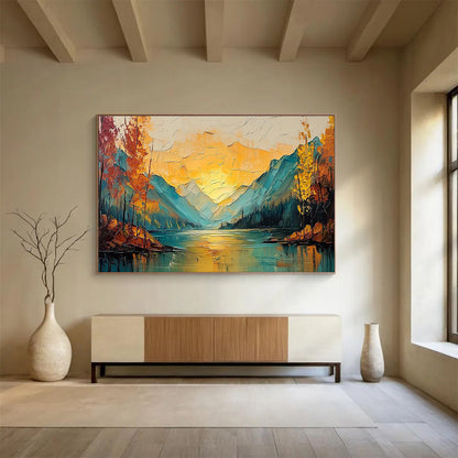 Mountain Sunset Lake - Orange, Blue & Yellow Landscape Painting On Canvas DKH907