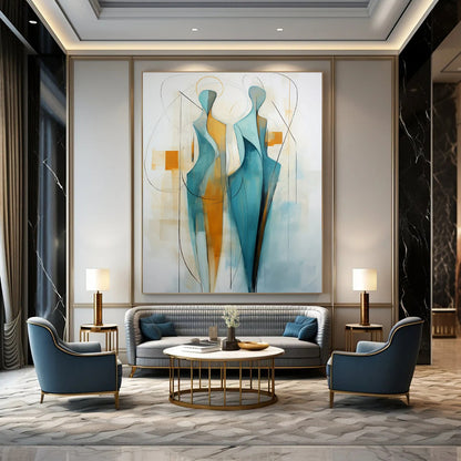 “Abstract Figures 2” - Blue, Orange & White Abstract Painting On Canvas CT2234