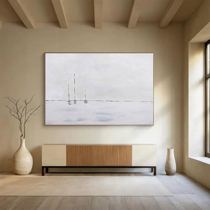 “Minimalist Sailboats in White” - White & Gray Maritime Minimalist Painting On Canvas DLZ261