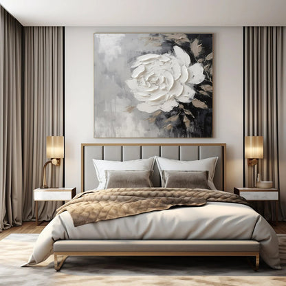 Grey, Black & Beige with Textured White Rose - "Elegant Bloom" - Impasto Floral Painting CT1466