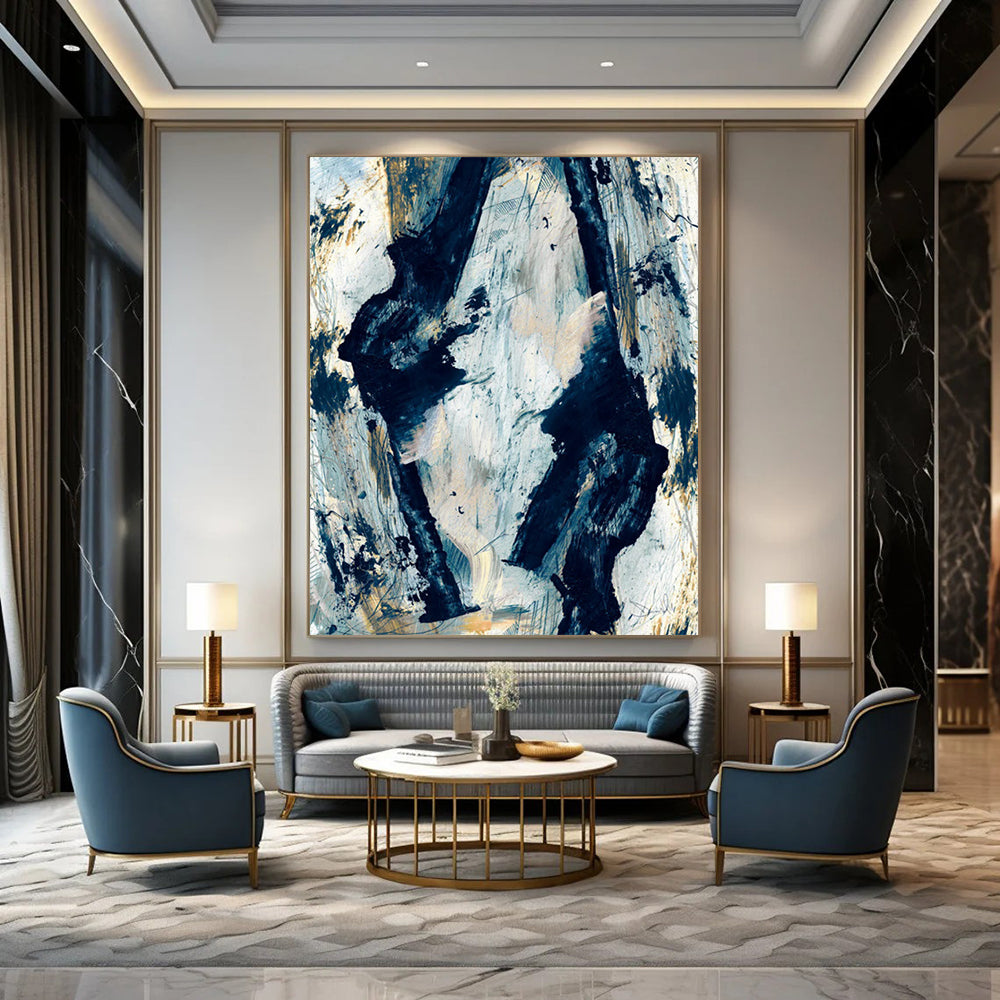 “Blue and Gold Abstract Forms” - Blue, Gold, White Abstract Painting On Canvas DTP244