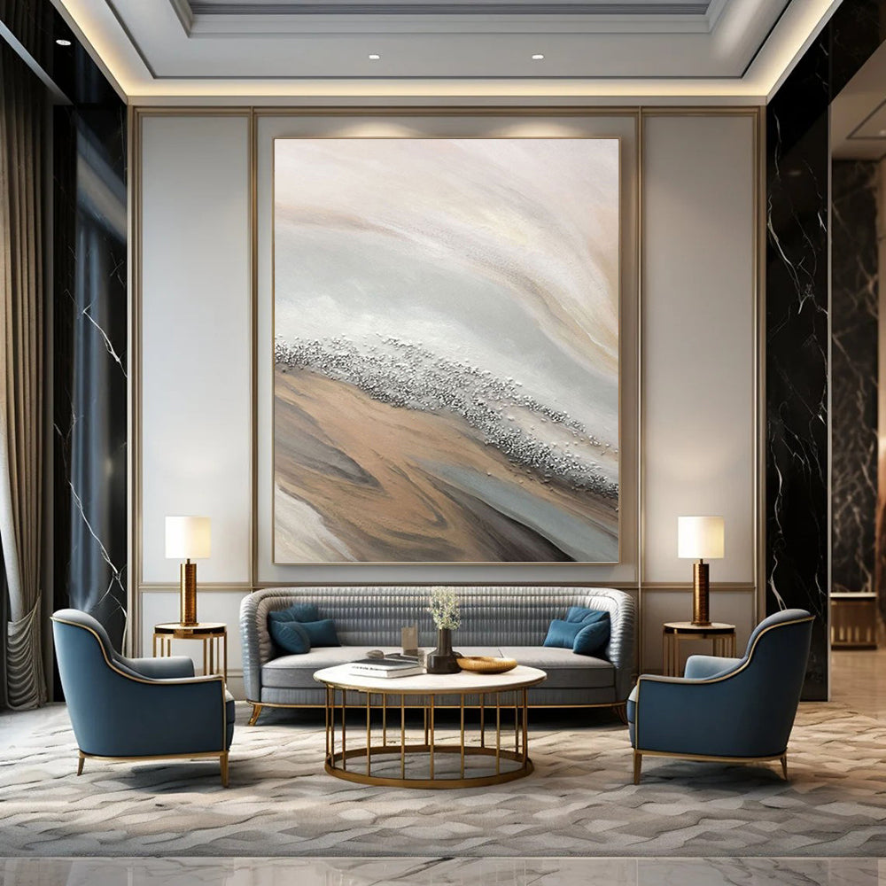 “Beige - Gray - Silver Flowing Abstract” Painting On Canvas DKH1228