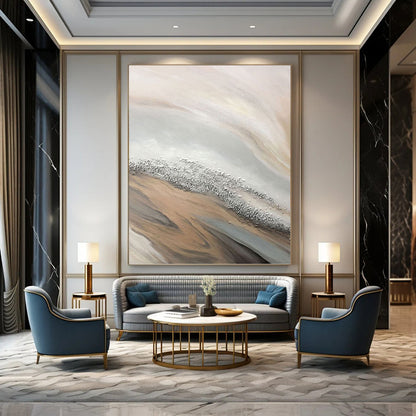 “Beige - Gray - Silver Flowing Abstract” Painting On Canvas DKH1228