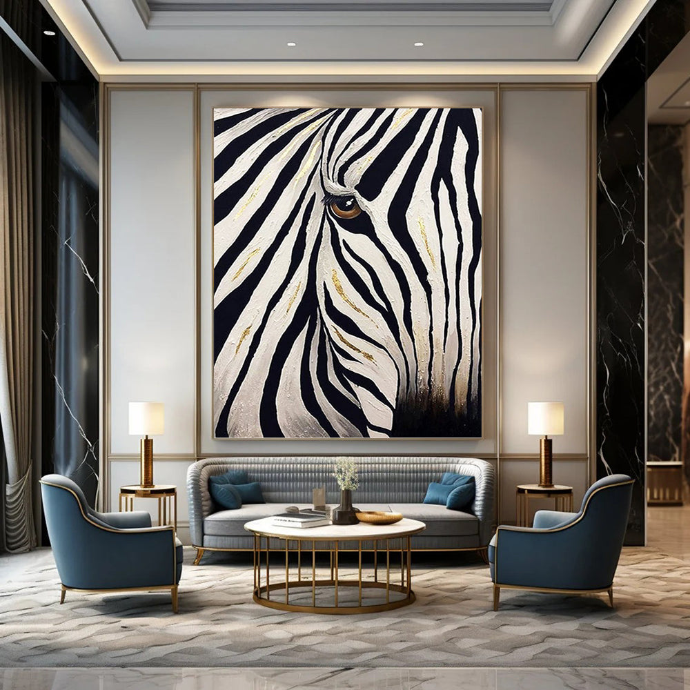 Zebra with Golden Accents in Black and White - Wildlife Painting On Canvas DKH1423