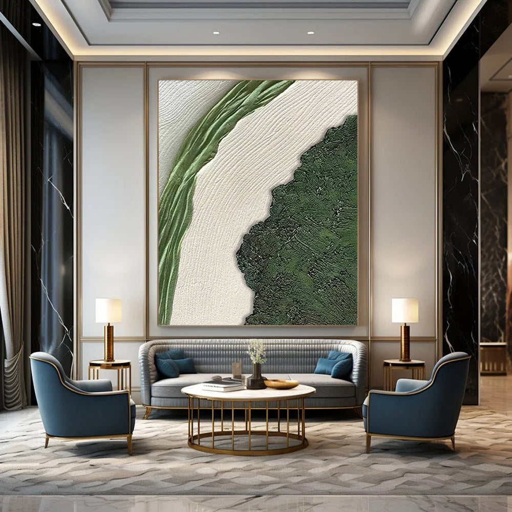 “Green, White, Textured Nature ‘Leafy Contrast’” - Minimalist Abstract Painting On Canvas DTP316