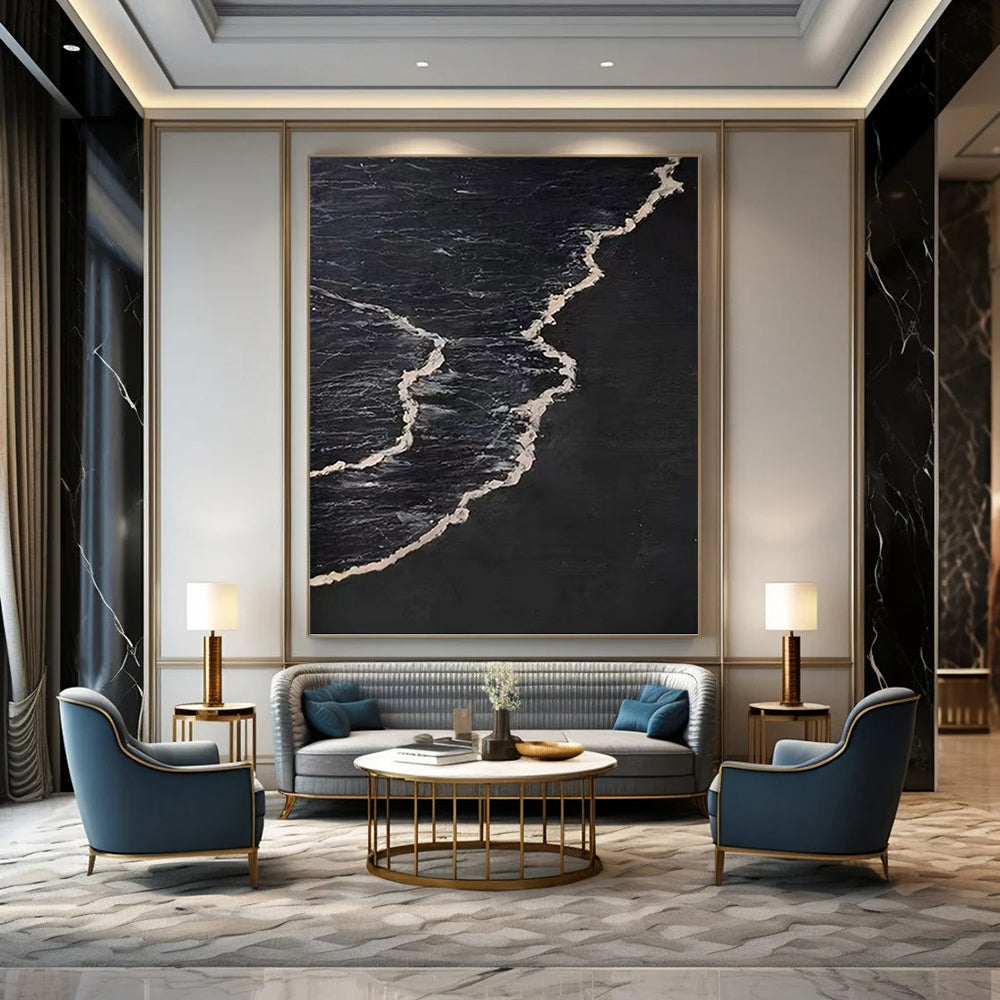 “Black & White Wave Contrast” - Black & White Minimalist Seascape Painting On Canvas DKH0959