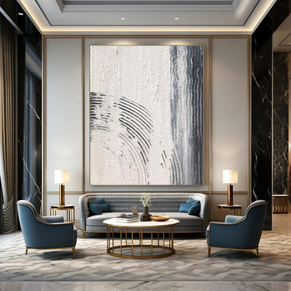 “Gray, White Textured Curves ‘Gentle Rhythm’” - Abstract Impasto Painting On Canvas DTP399