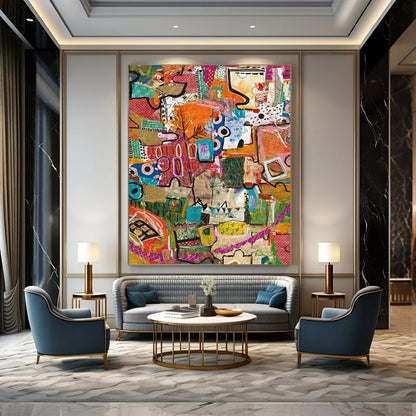 “Eclectic Abstract Patchwork” - Multicolor, Mixed - Media Collage Painting On Canvas DTP293