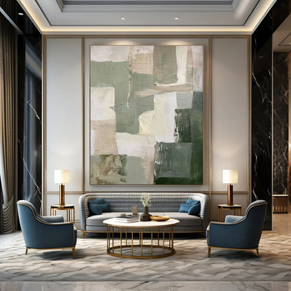 “Earthy Tones Patchwork” – Abstract Geometric Oil Painting with Green and Beige Blocks CT2053