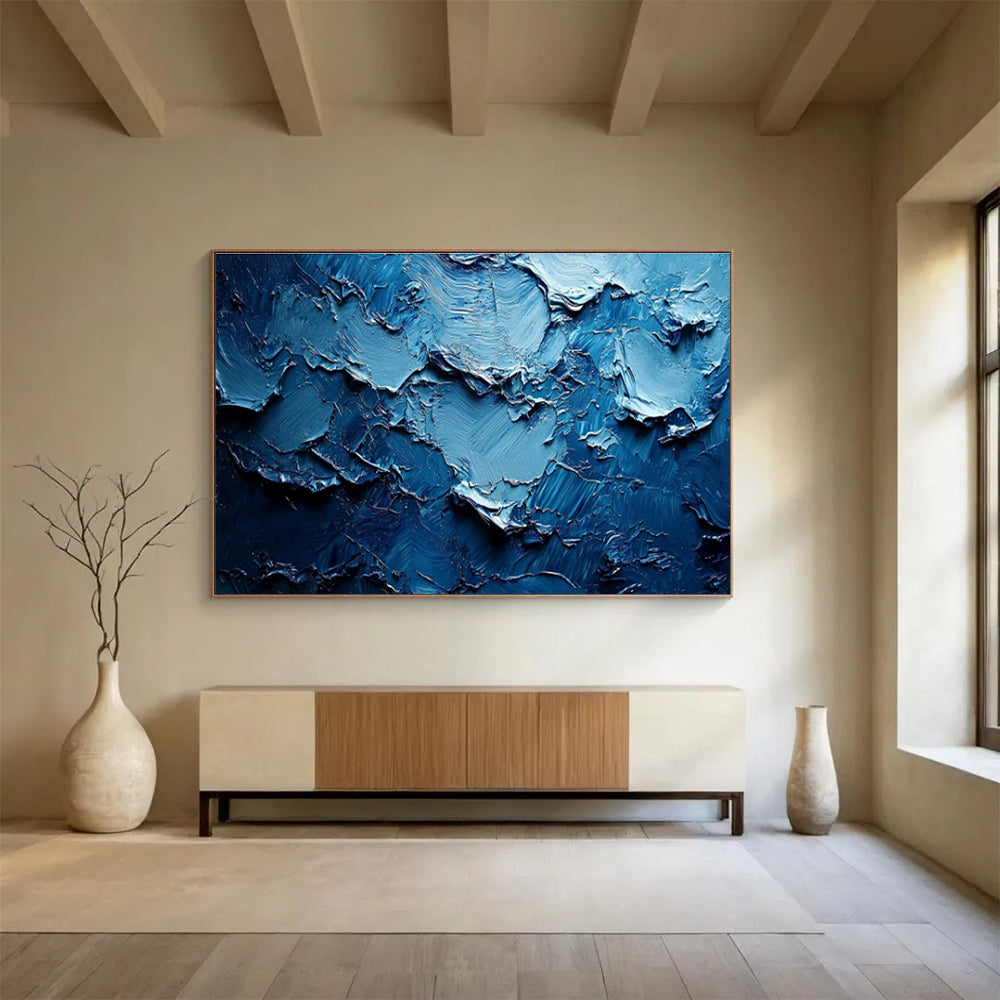 “Cobalt Textured Waves” - Blue, Dark Blue Impasto Abstract Painting On Canvas DKH758