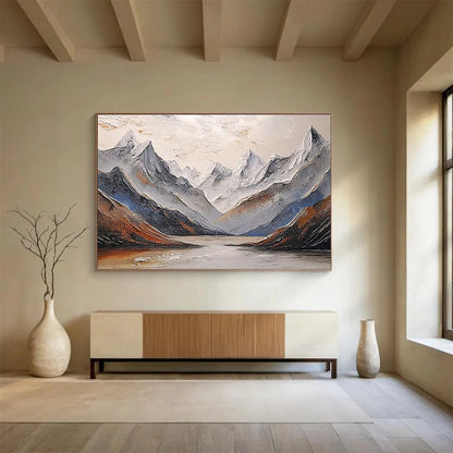 “Textured Snowy Mountain Lake” Impasto Landscape Painting On Canvas DKH456