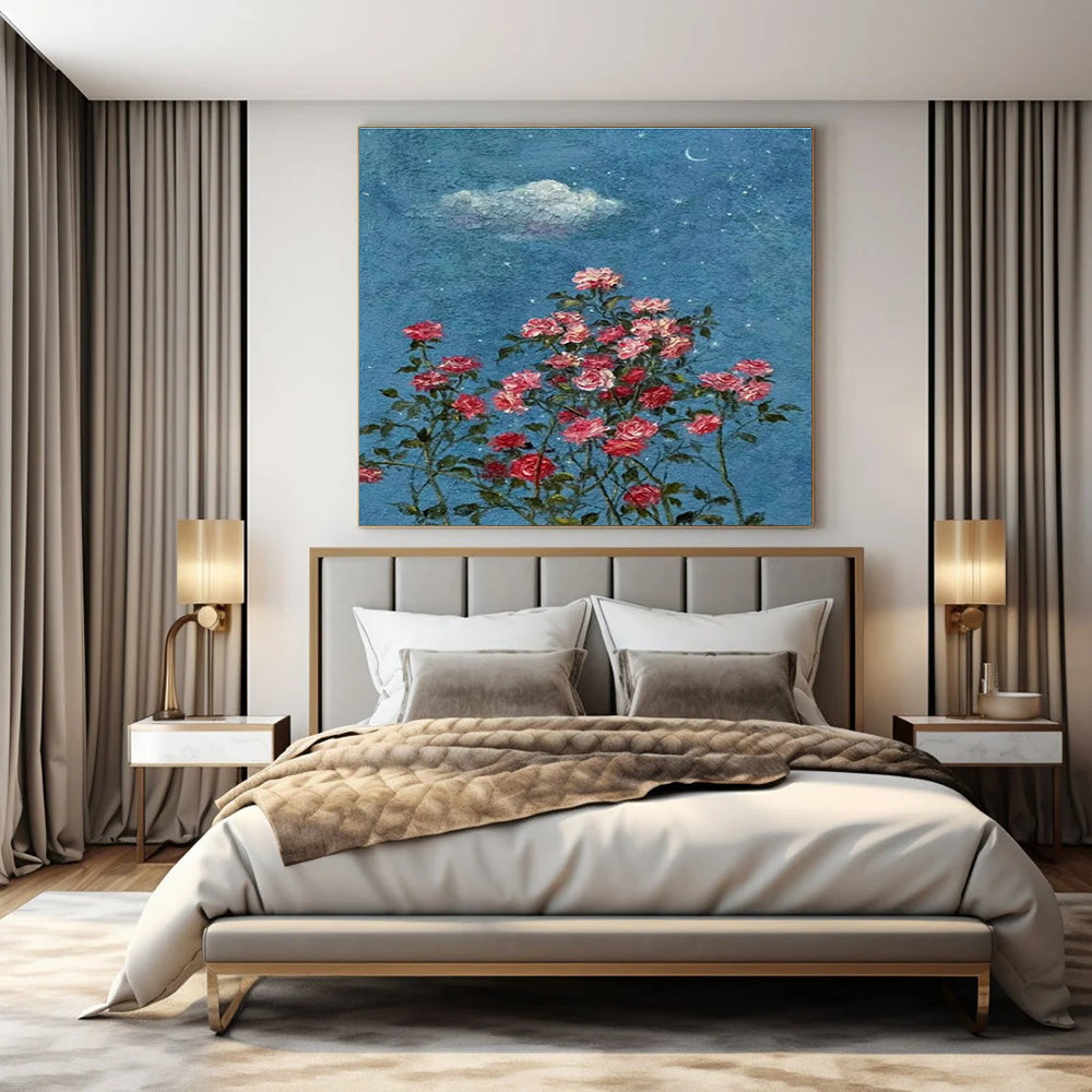 Blue Sky, Stars, Cloud, Moon & Pink Roses - "Starry Rose Garden" - Impressionistic Oil Painting CT1454