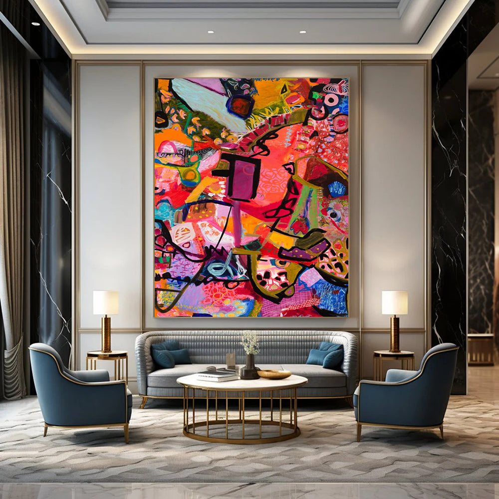 “Vibrant Abstract Mosaic” - Pink, Purple, Orange Dynamic Forms Painting On Canvas DTP292