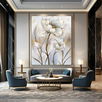 “Elegant White Flowers with Gold Accents” – Floral Oil Painting On Canvas CT2124