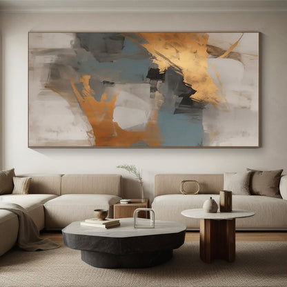 “Gray - Gold - Blue Abstract Blocks” ，Abstract Acrylic Painting CT0848