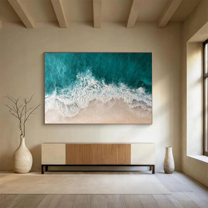“Aerial Coastline” - Turquoise, White, Beige Seascape Textured Painting On Canvas DKH699